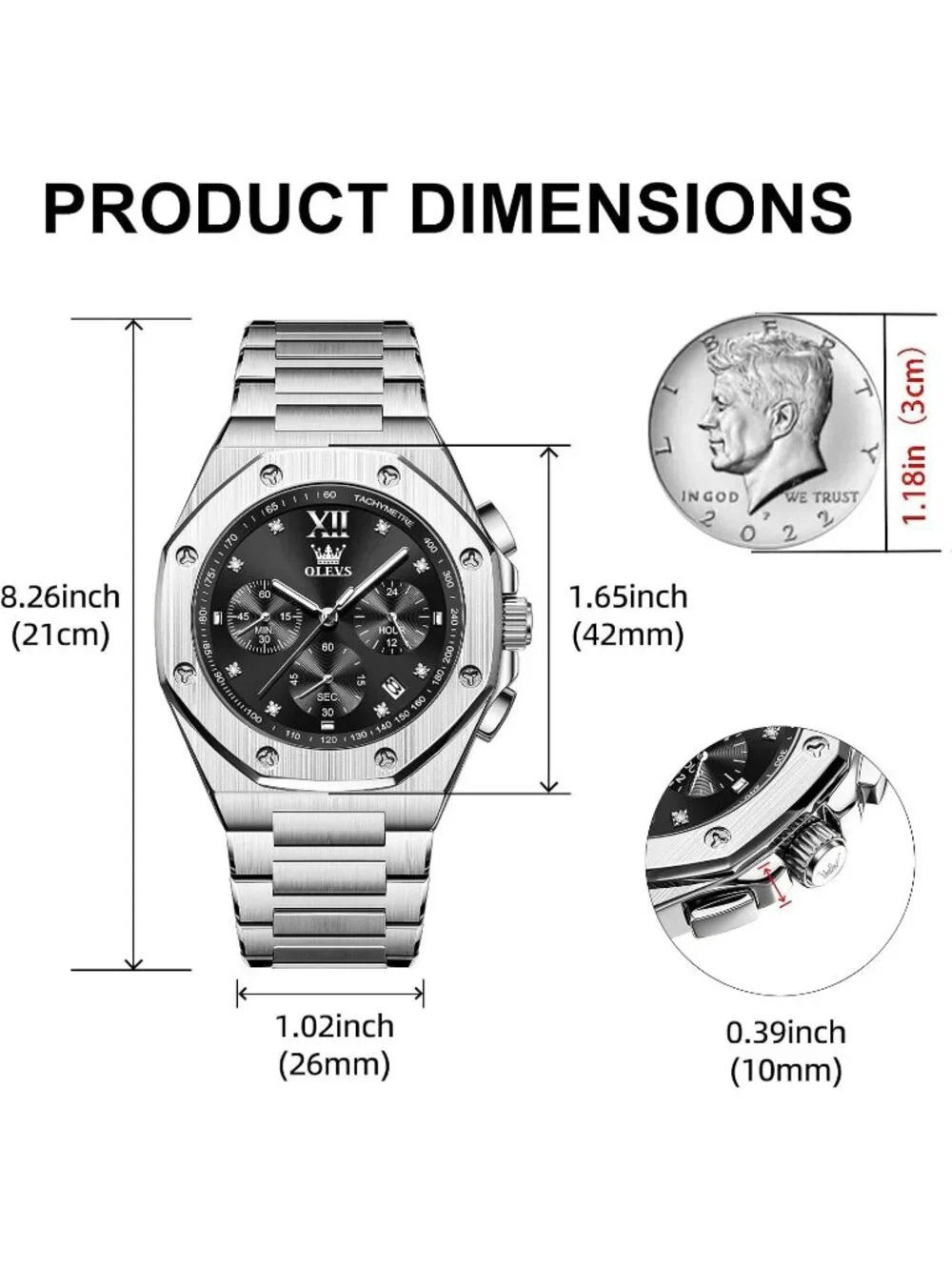 Men's Silver Black Octagonal Luxury Stainless Steel Analog Large Face Wristwatch